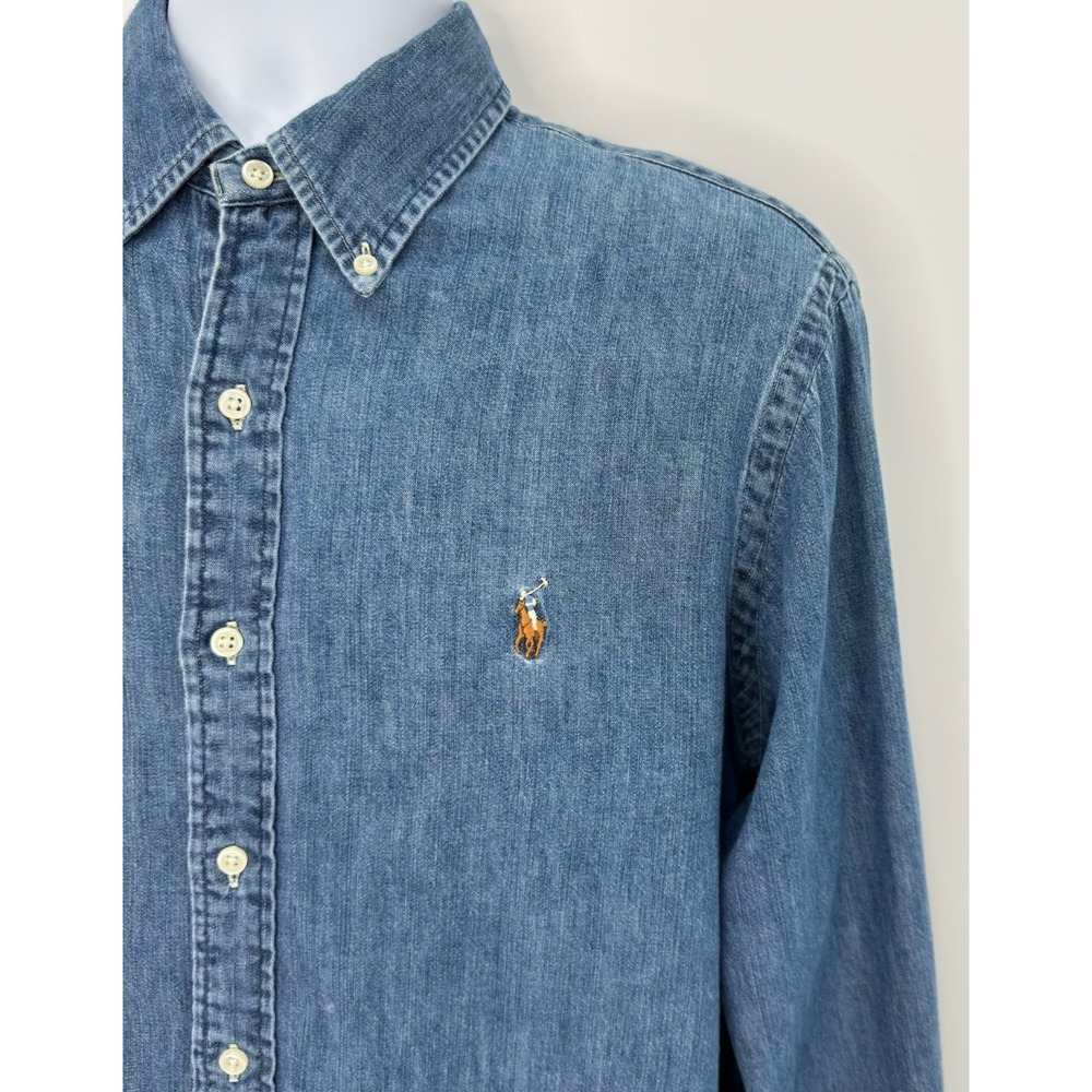 Polo Ralph Lauren Shirt Mens L Chambray Flesh Pony Button Down Blue - Picture 4 of 13